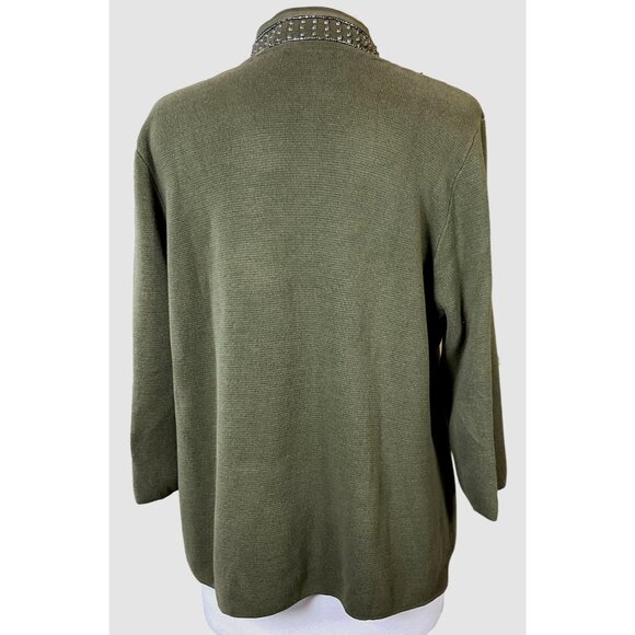 Chicos Military Embellished Cardigan Ambered Olive 3/4 Sleeves High Neck Large - Picture 7 of 12